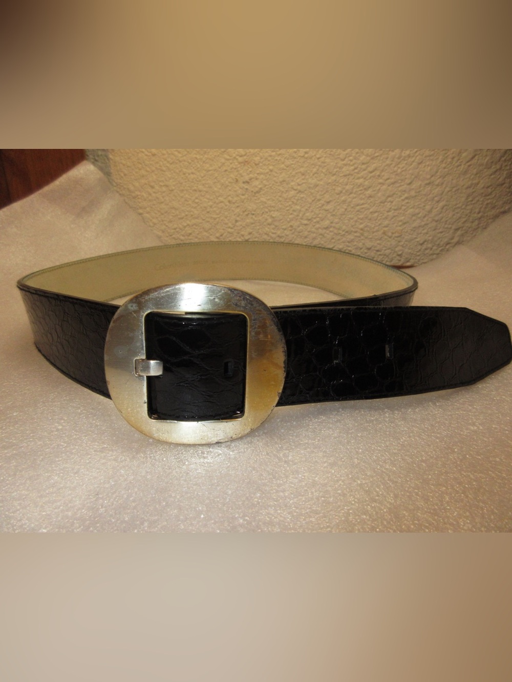 Calvin Klein Black Croc-Embossed Leather Belt with Silver Round Buckle